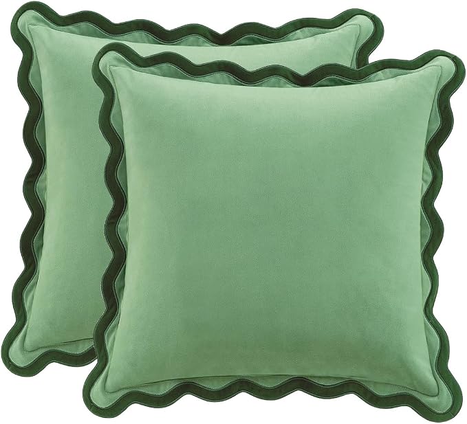 MONDAY MOOSE Decorative Throw Pillow Covers Cushion Cases, Set of 2 Soft Velvet Scalloped Wavy Edge Designs, Mix and Match for Home Decor, Pillow Inserts Not Included (18x18 inch, Green/Light Green)
