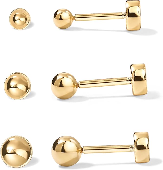 PAVOI 14K Gold Plated Solid 925 Sterling Silver Posts Dainty Ball Stud Flatback Earrings for Women - Cartilage Helix Piercing Jewelry - Small Screwbacks Stud Earrings for Women