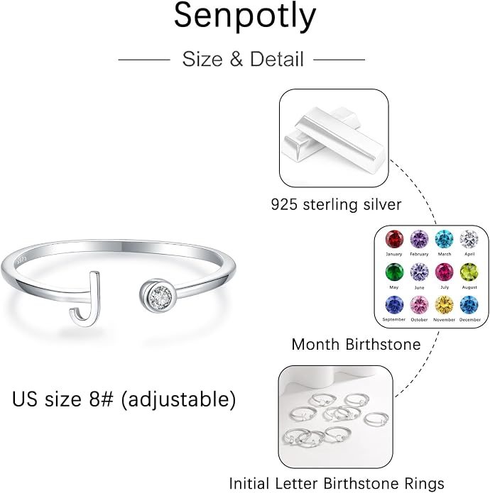 925 Sterling Silver Initial Letter Birthstone Rings for Women Adjustable 1-12 Month Birthstone Alphabet Stacking Ring for Teens Girls Stackable Birthstone Rings Birthday Jewelry Gift for Daughter Mom