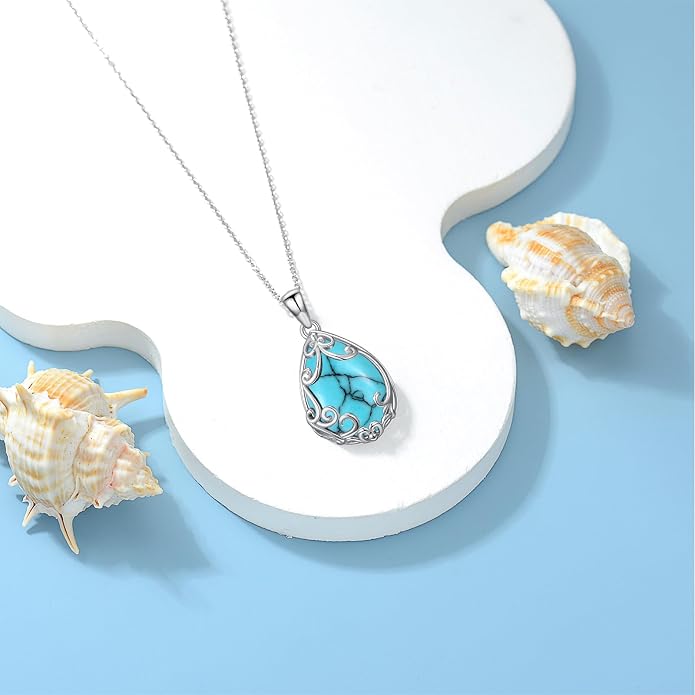 HPQQ Teardrop Necklace 925 Sterling Silver Filigree Gemstone Pendant Necklace Fine Jewelry Birthday Mother's Day Gifts for Women Her Mom