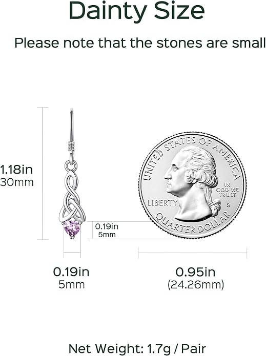 ChicSilver Sparkling Heart Birthstone 925 Sterling Silver Celtic Knot Dangle Hook Earrings (with Gift Box)