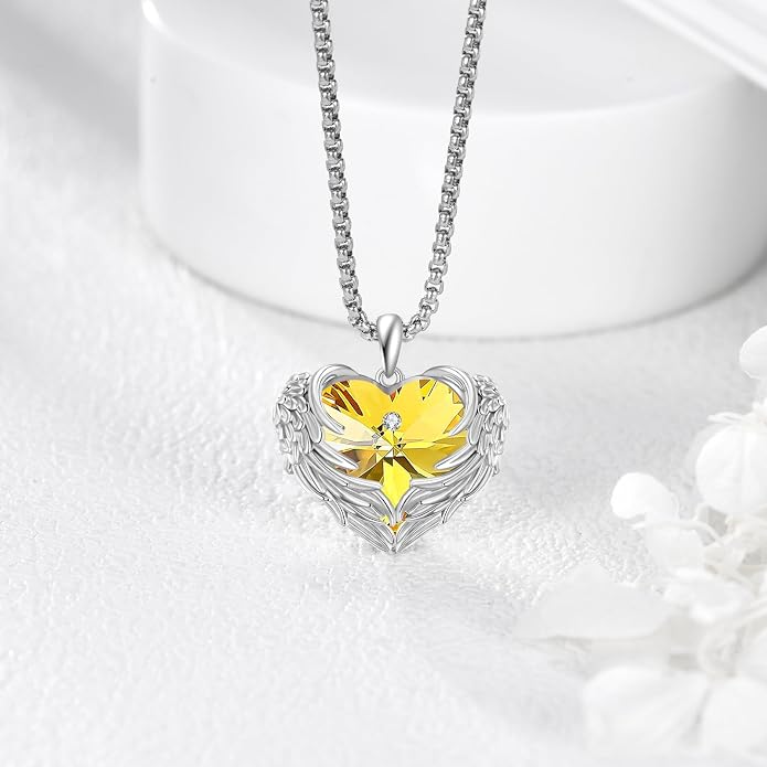 Angel Wings Necklace for Women 925 Sterling Silver Birthstone Guardian Necklace Jewelry Angel Wings Moonstone, Crystal Pendant Jewelry Gifts