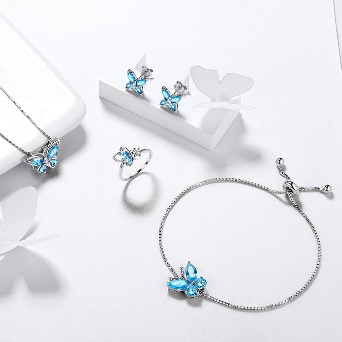Aurora Tears Butterfly Jewelry,Women 925 Sterling Silver Butterflies Birthstone Pendant Necklace/Earrings/Rings Wedding Gift