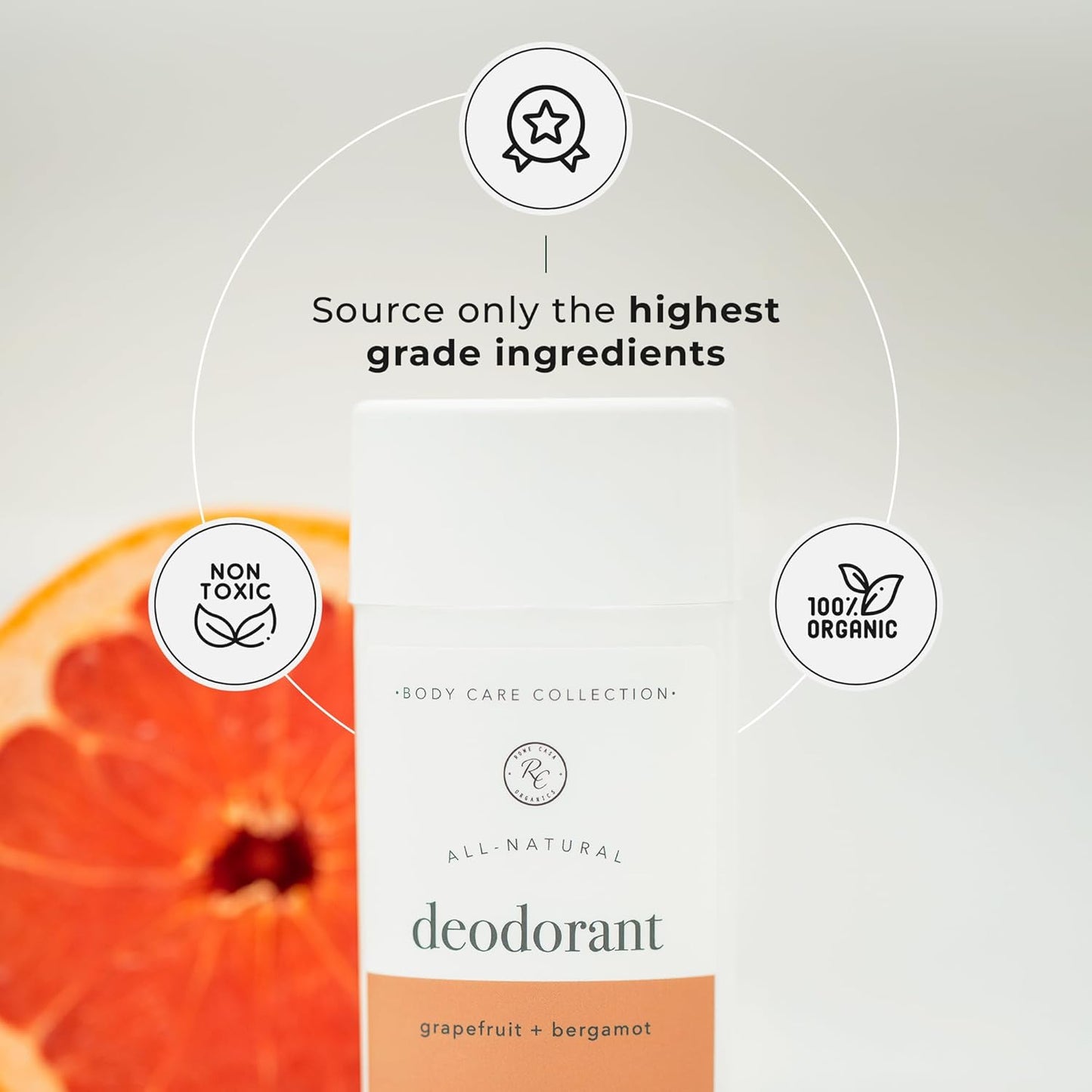 Rowe Casa Organics Grapefruit + Bergamot Deodorant for Men and Women, Sweet and Citrusy Paraben-Free Deodorant Stick with Therapeutic-Grade Essential Oils, 2 oz