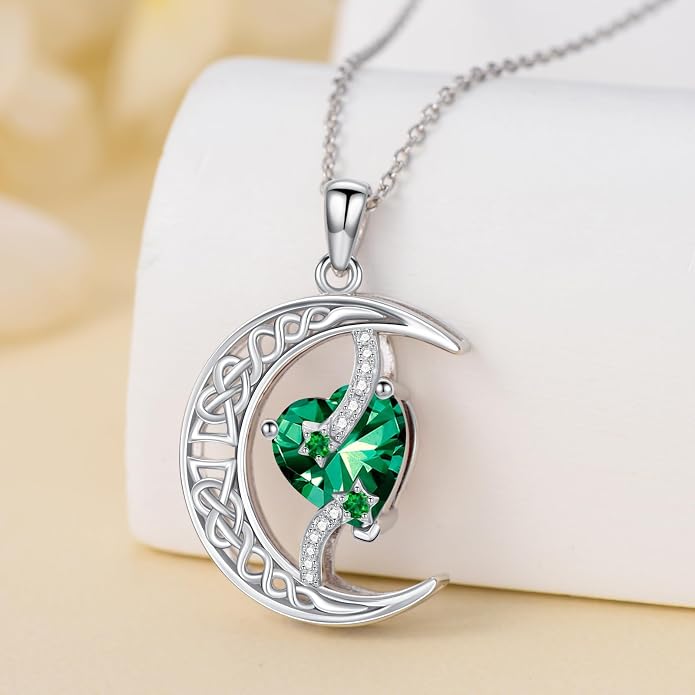 TOUPOP Moon and Star Birthstone Necklace for Women 925 Sterling Silver Celtic Moon Jewelry Birthday Mothers Day Gifts for Mom Wife Her