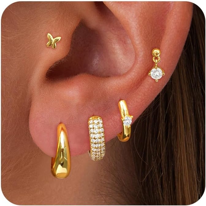 Small Chunky Stud Hoop Stacks Earrings for Women Hypoallergenic Silver Gold Flat Back Stud for Sensitive Ears Small 14K Gold Plated Huggie Cubic Zirconia Cartilage Earrings Set for Multiple Piercing Jewelry Gifts for Women 5 Pairs