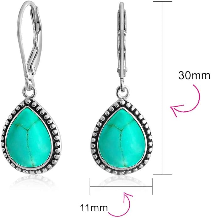 Bling Jewelry Boho Western Style Milgrain Setting Semi Precious Gemstones Lapis Turquoise Jade Onyx Quartz Pear Shaped Teardrop Lever Back Dangle Drop Earrings Teen Oxidized .925 Sterling Silver