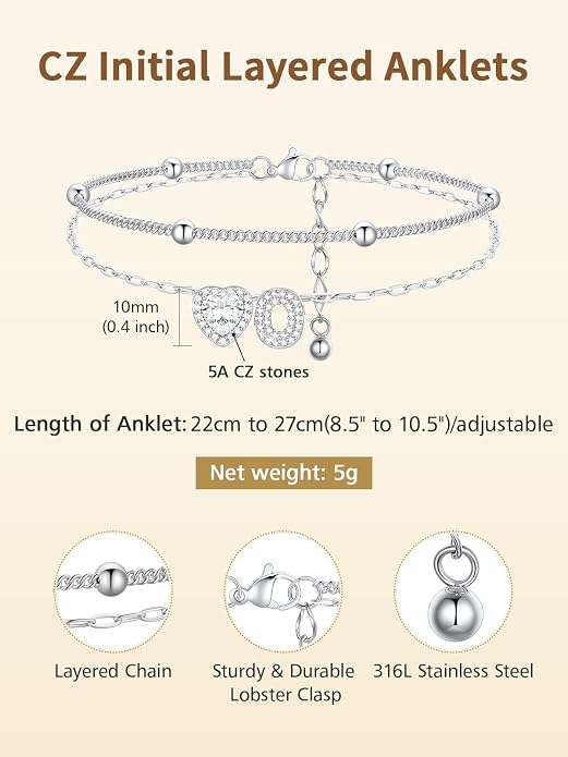 FindChic Silver/14K Gold Plated Layered CZ Initial Ankle Bracelet for Women | Waterproof Stainless Steel, Cubic Zirconia Letter Charm, Non-Tarnish, Hypoallergenic, Adjustable Extender, Summer Jewelry
