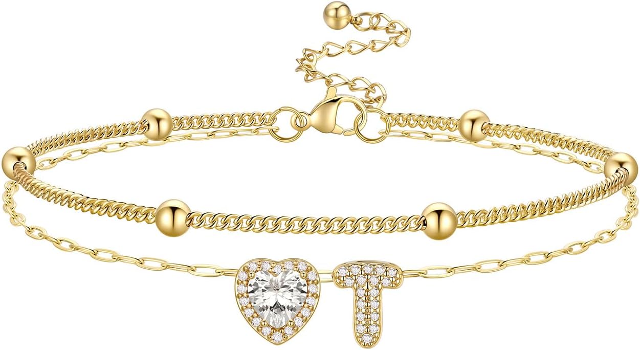 Bestyle Initial Anklet Bracelets for Women Waterproof Non Tarnish 14K Gold/White Gold Plated CZ Anklets for Women Dainty Layered Letter Heart Ankle Bracelets Adjustable Foot Chain Anklet