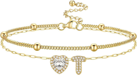 Bestyle Initial Anklet Bracelets for Women Waterproof Non Tarnish 14K Gold/White Gold Plated CZ Anklets for Women Dainty Layered Letter Heart Ankle Bracelets Adjustable Foot Chain Anklet