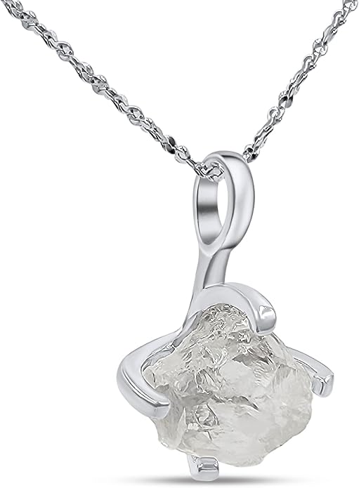Natural raw gemstone pendant chain necklace with white gold over 925 solid sterling silver, birthstone dainty solitaire gift for her, uniquelan jewelry