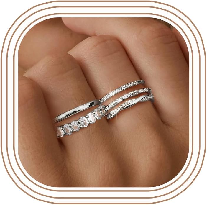 Dochais 5PCS Stackable Gold Silver Rings for Women, Non Tarnish Dainty Cubic Zirconia Rings, 14K Gold Plated Minimalist Wedding Band Rings Set, Trendy Statement Stacking Rings Size 5-10
