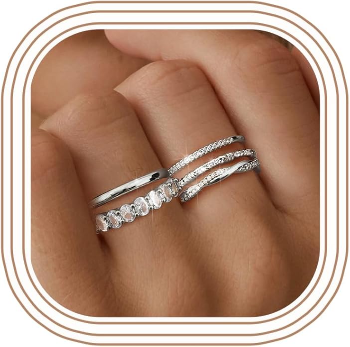 Dochais 5PCS Stackable Gold Silver Rings for Women, Non Tarnish Dainty Cubic Zirconia Rings, 14K Gold Plated Minimalist Wedding Band Rings Set, Trendy Statement Stacking Rings Size 5-10