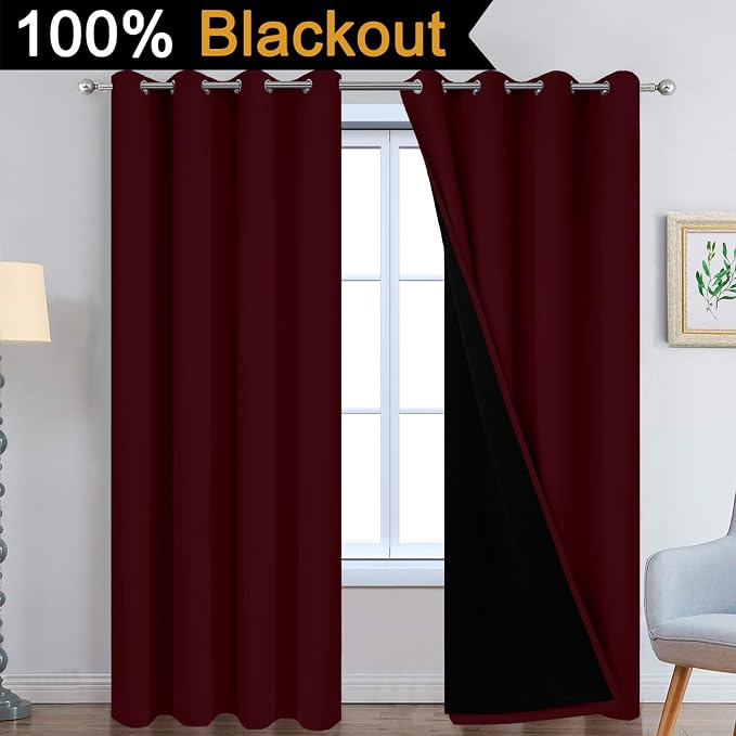 Yakamok Wine Red 100% Blackout Curtains 84 Inches Long 52" Wide 2 Panels | Blackout Curtain Panels for Bedroom, 2 Thick Layers Grommet Top Thermal Insulated Drapes with Black Liner for Living Room