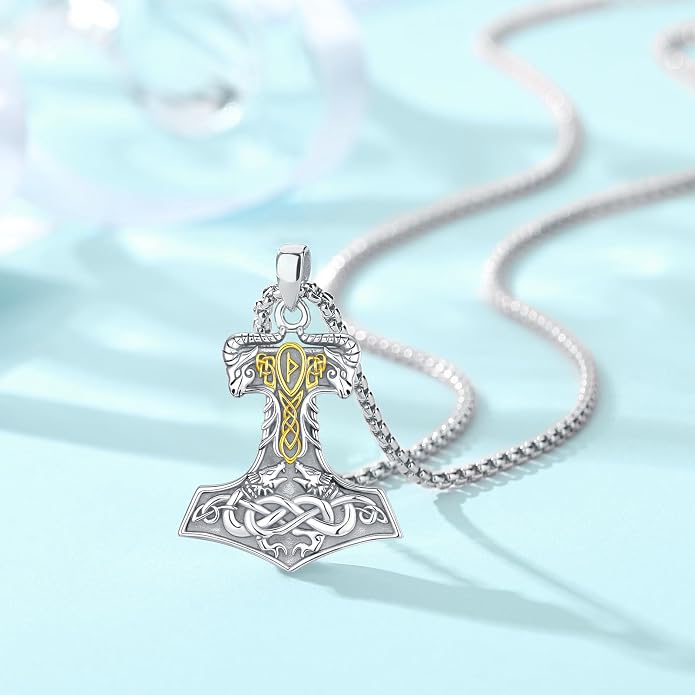 Viking Thor's Hammer Necklace for Men Women, S925 Sterling Silver Vintage Norse Talisman Mjolnir Necklace Amulet Pendant Jewelry Gifts with Sturdy Box Chain