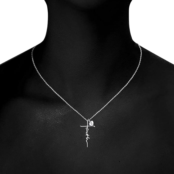 PRAYMOS Faith Cross Necklace for Women 925 Sterling Silver Pendant Necklace With Birthstone Initial Christian Religious Confirmation Baptism Mothers Day Gifts