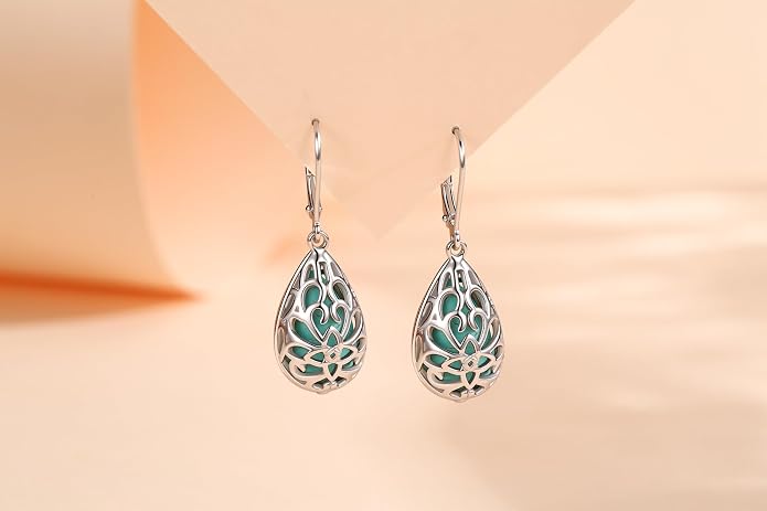 BDL Genuine Turquoise Jewelry for Women, Sterling Silver Earrings and Necklaces for Women, Leverback Dangle Drop Earrings Jewelry