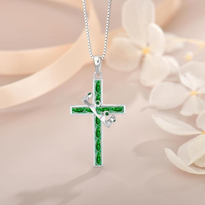 Gemstone Crown Cross Necklaces for Women, 925 Sterling Silver Rectangular cut Zircon Pendant With Rotated Crown Faith Cross Jewelry Gift