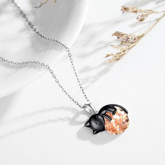 Cat Necklace Sterling Silver Cat Zircon Pendant Gothic Jewelry for Women Animal Lovers Gifts