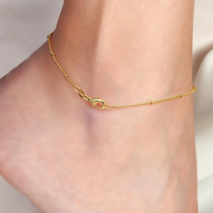 14K Gold Waterproof Anklets for Women and Men Charm Ankle Bracelets Jewelry for Everyday Wear Sizes 9-11 Inches