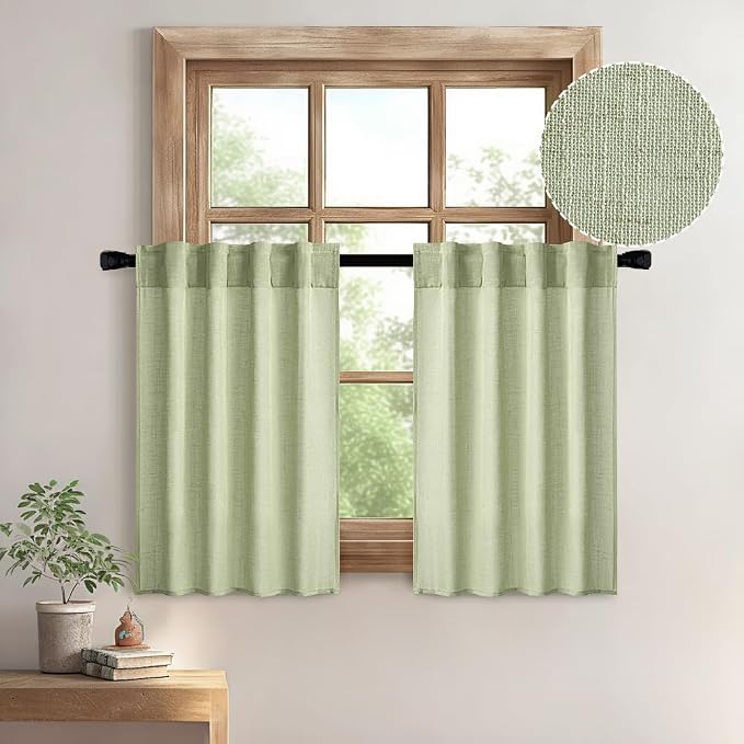 MIULEE Sage Green Kitchen Curtains 24 Inch Length 2 Panels, Soft Thick Linen Textured Semi Sheer Light Filtering Short Cafe Tier Curtains for Small Half Window Bathroom Laundry Back Tab Rod Pocket