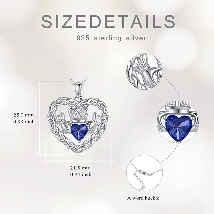 Birthstone Claddagh Heart Necklace 925 Sterling Silver Heart Celtic Knot Claddagh Necklace Pendant Irish Jewelry Gifts for Women Mom Wife Sister Christmas Birthday,18+2 inch