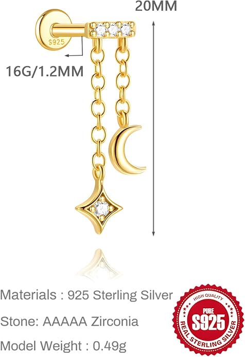 Solid 925 Sterling Silver Helix Earring with Dangle Chain 14K Gold Plated Flat Back Cartilage Stud Crescent Moon & Star CZ Internally Threaded Piercing Jewelry Ear Ring Gift