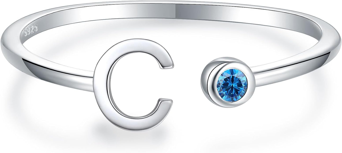 925 Sterling Silver Initial Letter Birthstone Rings for Women Adjustable 1-12 Month Birthstone Alphabet Stacking Ring for Teens Girls Stackable Birthstone Rings Birthday Jewelry Gift for Daughter Mom