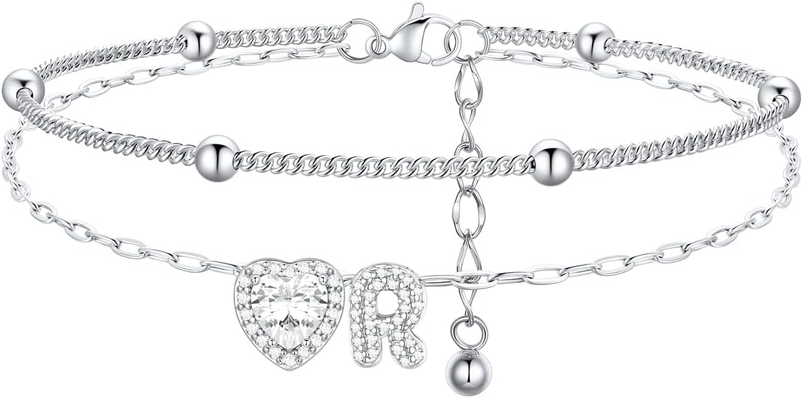 FindChic Silver/14K Gold Plated Layered CZ Initial Ankle Bracelet for Women | Waterproof Stainless Steel, Cubic Zirconia Letter Charm, Non-Tarnish, Hypoallergenic, Adjustable Extender, Summer Jewelry