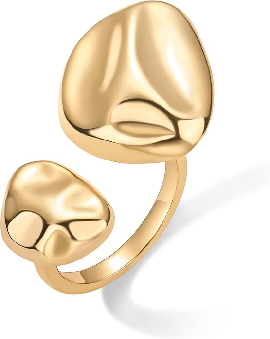 PAVOI 14K Gold Plated Chunky Open Statement Rings for Women - Bold Hammered Double Pebble Stackable Ring - Trendy Geometric Organic Fashion Bands Jewelry