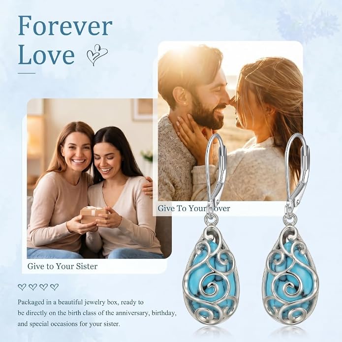 CRMAD Turquoise Teardrop Filigree Earrings Turquoise Leverback Earrings Western Jewelry Gift for Women Birthday Anniversary Boho Lover