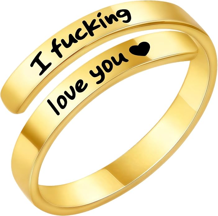 I Fcking Love You Ring, Stainless Steel Engraved Inspirational Words Heart Open Adults Women Vintage Promise Rings Lover Wife Jewelry