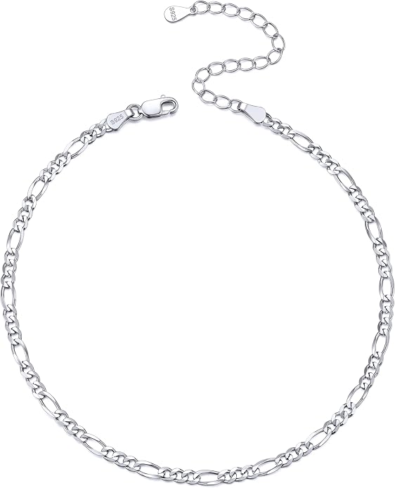 ChicSilver 925 Sterling Silver Ankle Bracelet for Women, Simple Cuban Link/Figaro/Twist Rope Chain Anklets for Beach Party(with Gift Box)