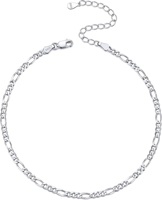 ChicSilver 925 Sterling Silver Ankle Bracelet for Women, Simple Cuban Link/Figaro/Twist Rope Chain Anklets for Beach Party(with Gift Box)