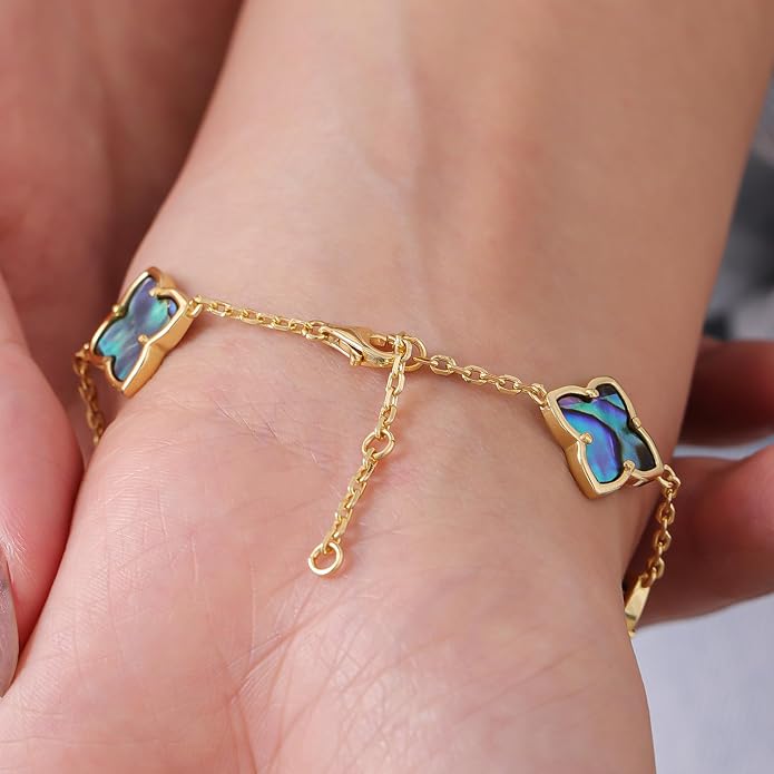 18K Gold Plated Abalone Shell Clover Bracelet, 8.6 Inch Chain with 2 Inch Extender, Adjustable Dainty Link Charm Bracelet