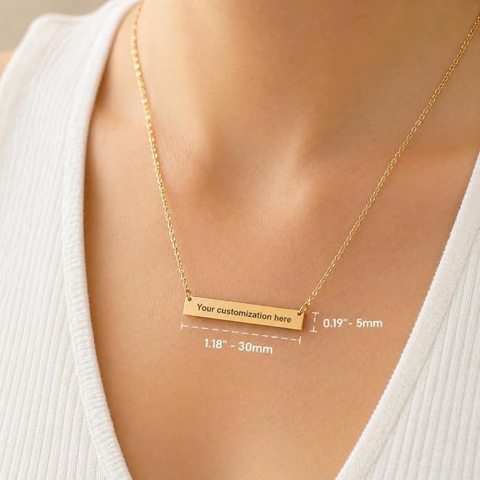 Personalized bar necklace for women, custom engraved stainless steel name plate necklace gift gold, silver and rose gold for mothers day, coordinates, dates, roman numeral, friendship, christmas