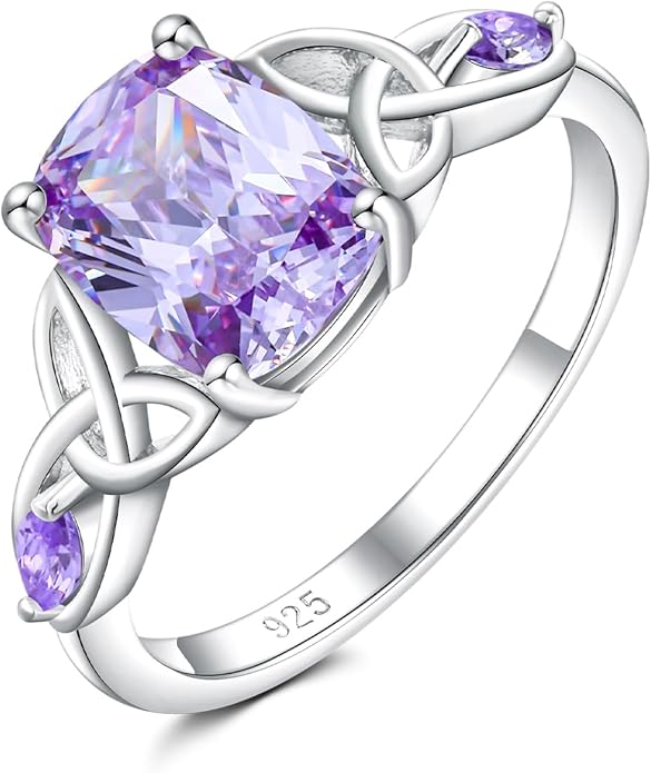 925 Sterling Silver Birthstone Rings for Women Cushion Cut Engagement Celtic Knot Ring Irish Jewelry Created Gemstone Anniversary Rings Size 6-10(with Box)