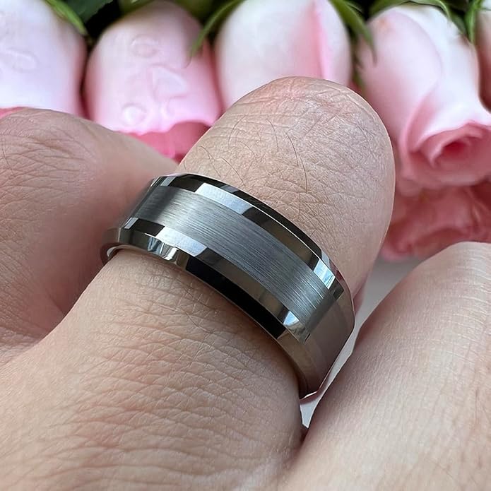 TUTISS 6mm 8mm Silver/Black/Gunmetal/Gold Tungsten Rings for Men Women Fashion Jewelry Engagement Wedding Bands Matte Polished Shiny Beveled Edges Comfort Fit
