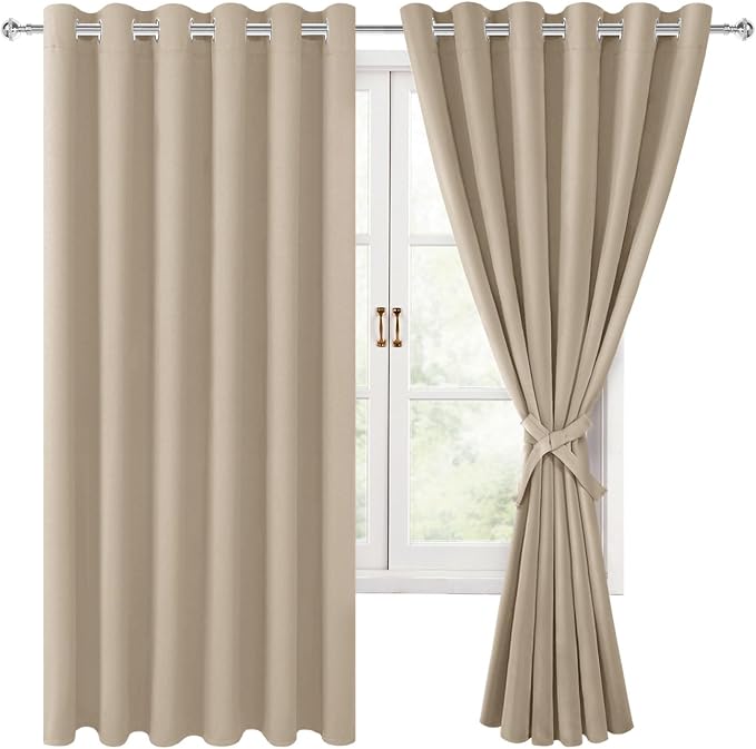 Hiasan Grommet Blackout Curtains for Bedroom, 70 x 63 Inches - Thermal Insulated & Light Blocking Window Drapes for Living Room/Dorm Room, Set of 2 Panels Sewn with Tiebacks, Taupe