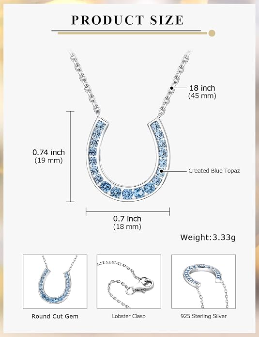 Luck Horseshoe Necklace 14K Gold Plated/Sterling Silver Created Gemstone Pendant with Chain Channel Set U Shaped Charm Necklace Birthstone Jewelry