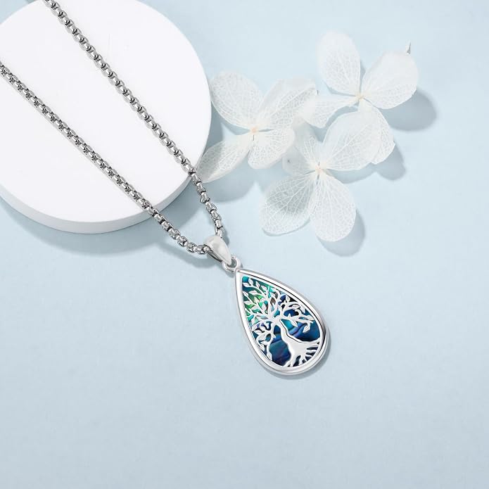 Aniu Tree of Life Necklace for Women, 925 Sterling Silver Mother of Pearl Family Palm Tree Charm Pendant Jewelry for Birthday Christmas Gift