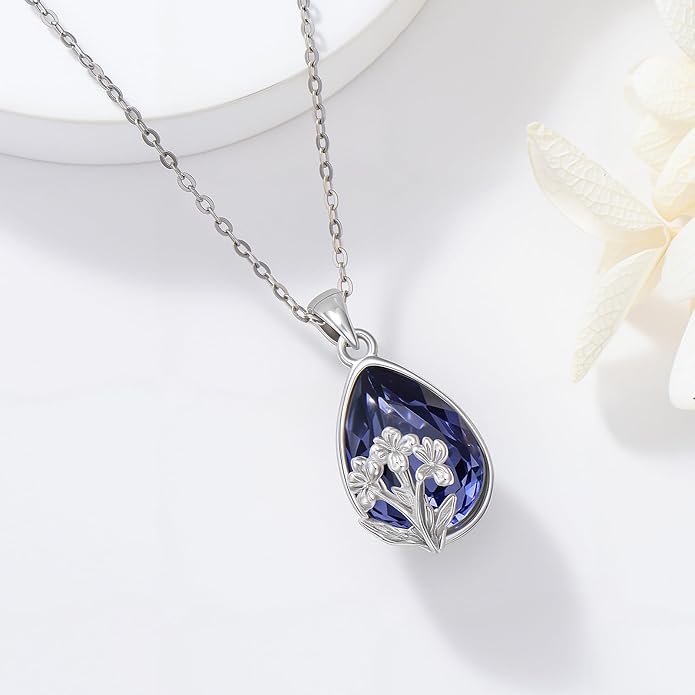 925 Sterling Silver Birth Flower Necklace with Teardrop Shaped Birthstone - 12 Colors, 12 Kinds of Flower - Ideal Birthday Jewelry Gift for Women, Mothers, Daughters & Wives
