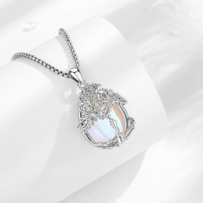 Vito Tree of Life Necklace for Women Men, Silver Plated Copper Teardrop Moonstone/Obsidian/Turquoise/Amethyst/Malachite Crystal Tree Necklace Protection Energy Amulet Jewelry Gift for Mom Wife, 20+2"
