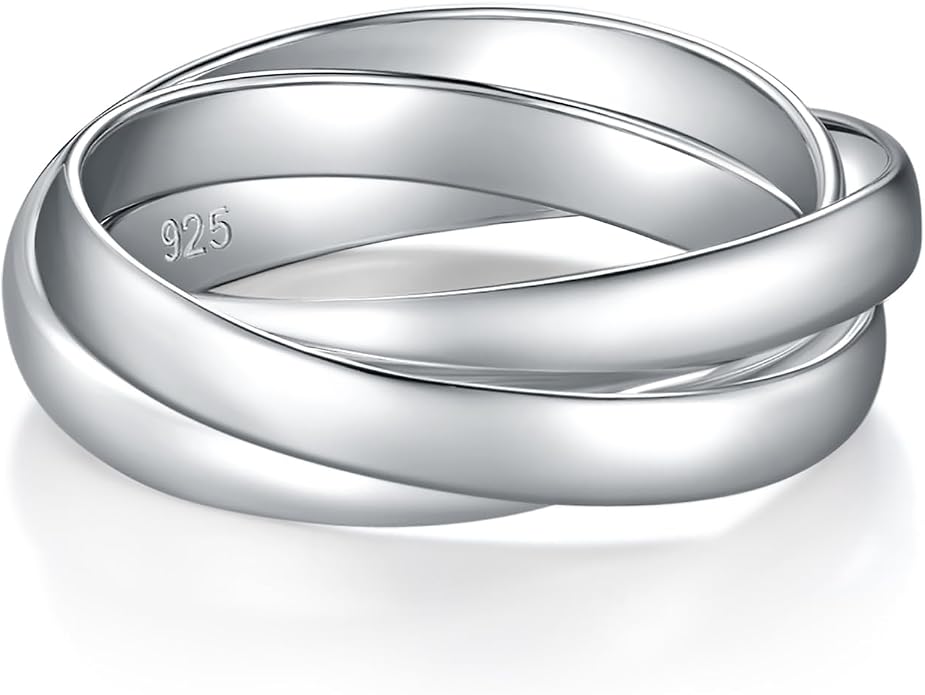 BORUO 925 Sterling Silver Ring, 14K Gold Plated Waterproof Fidget Anxiety Ring, Triple Row Rolling Interlocking Stacking High Polish Band for Women, Men| Each Band Width 1.8mm 3mm Size 4-12