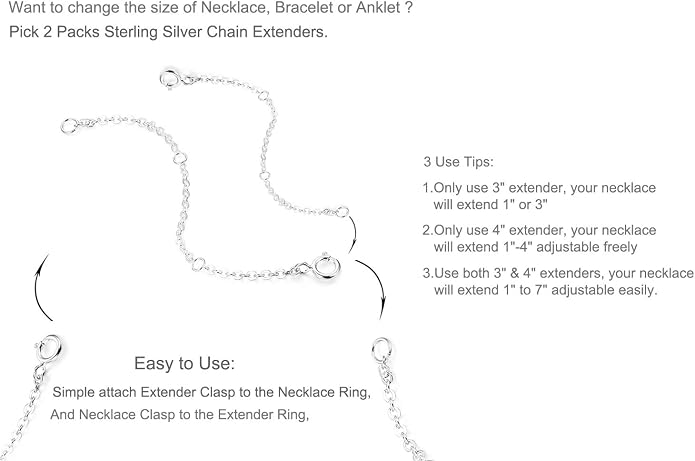 Dorella Sterling Silver Necklace Extenders Chain Set of 2 Pcs Pack 2" and 5" or 3" and 4" - Solid 925 Sterling Silver Fine Chain Dainty Durable Adjustable