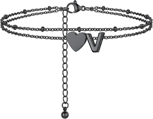 Initial Ankle Bracelets for Women, Dainty Stainless Steel Letter A-Z Layered Anklets, Heart Ankle Bracelet 8.5"-10.5" Adjustable, Summer Beach Jewelry, Come with Box