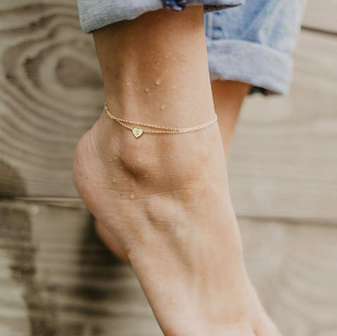 Ursteel Ankle Bracelets for Women, 14K Gold Plated Dainty Layered Heart Initial Anklets for Women Gifts