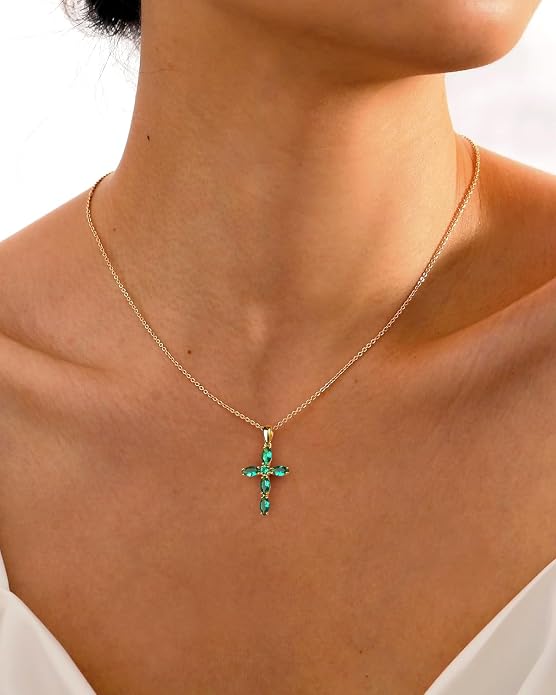 14K Gold Plated 925 Sterling Silver Birthstone Cross Necklace for Women Men