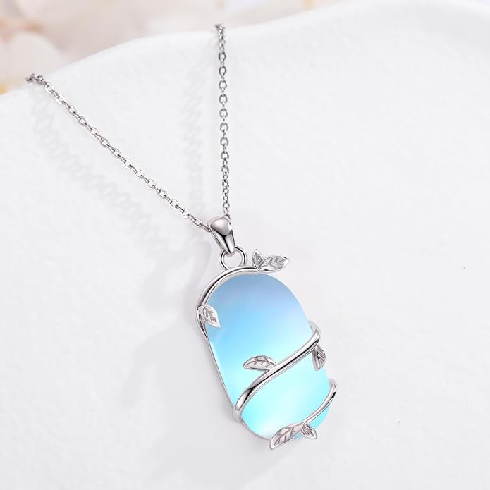 Bar Opal Leaf Necklace For Women S925 Sterling Silver White Opal Pendant with Leaf Charm Bar Pendant Jewelry Gift For Mom Daughter Wife