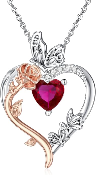 TOUPOP Rose Heart Birthstone Necklace 925 Sterling Silver Heart Butterfly Pendant Love Jewelry Birthday Gifts for Women Wife Mom Her